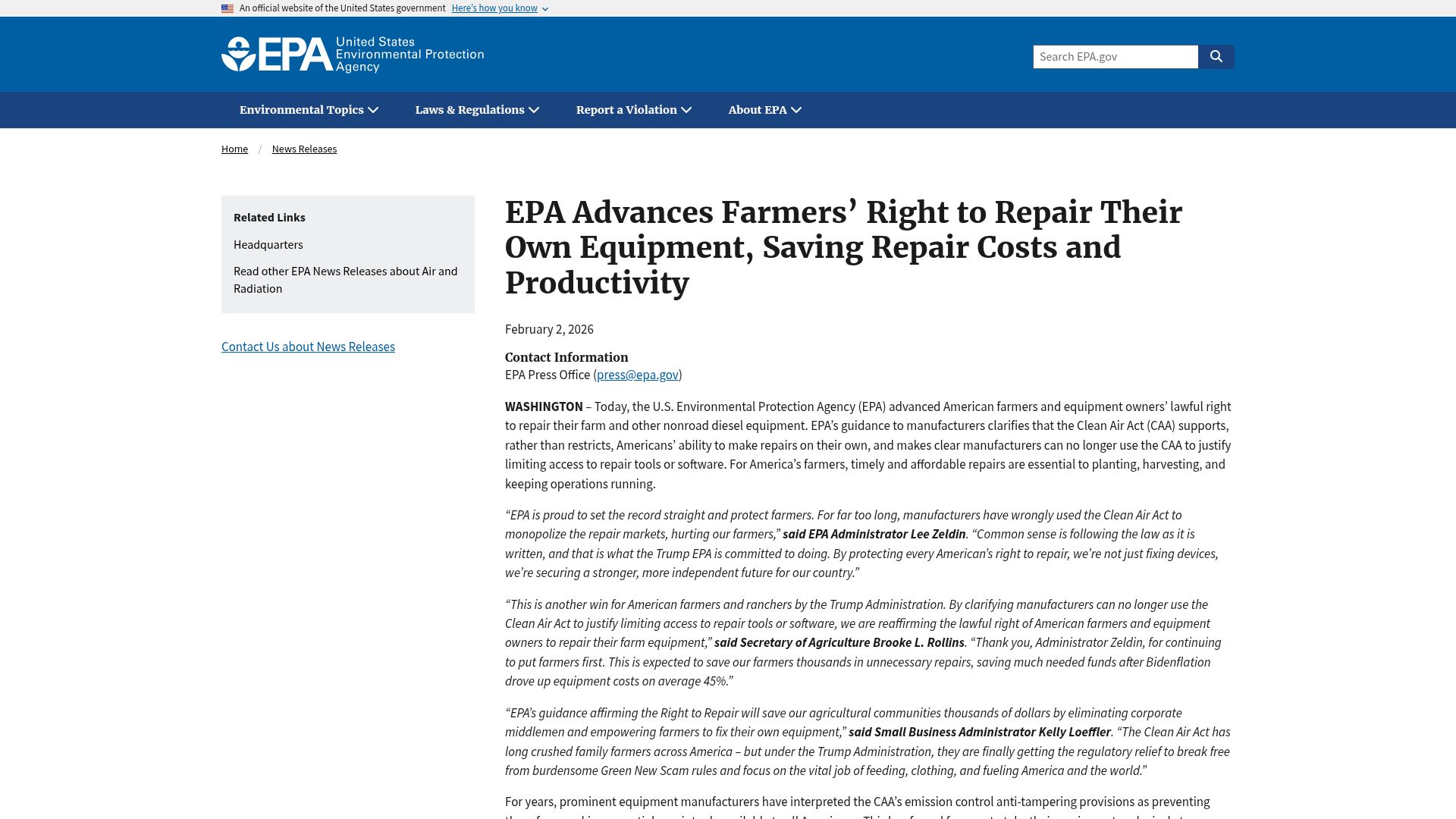 Screenshot of epa.gov: EPA Advances Farmers' Right to Repair