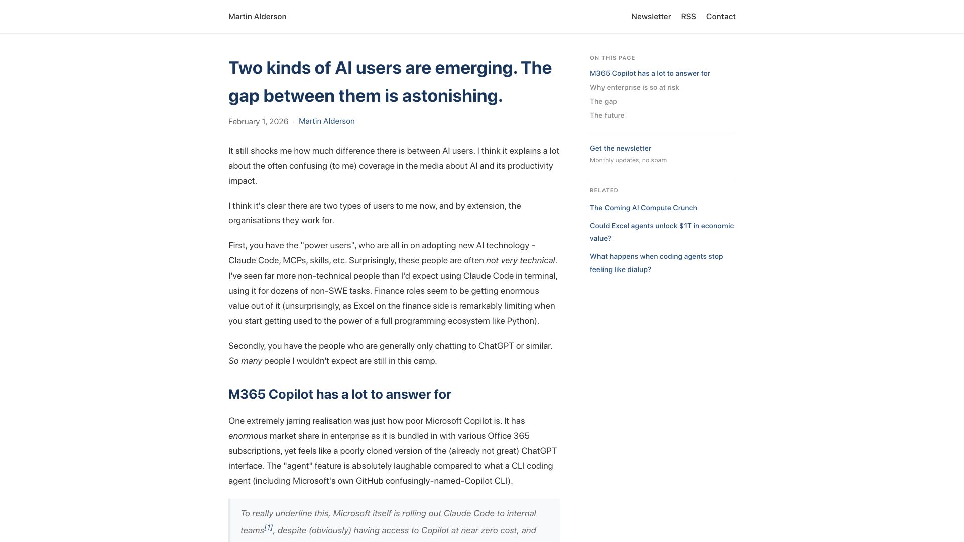 Screenshot of martinalderson.com: Two kinds of AI users are emerging