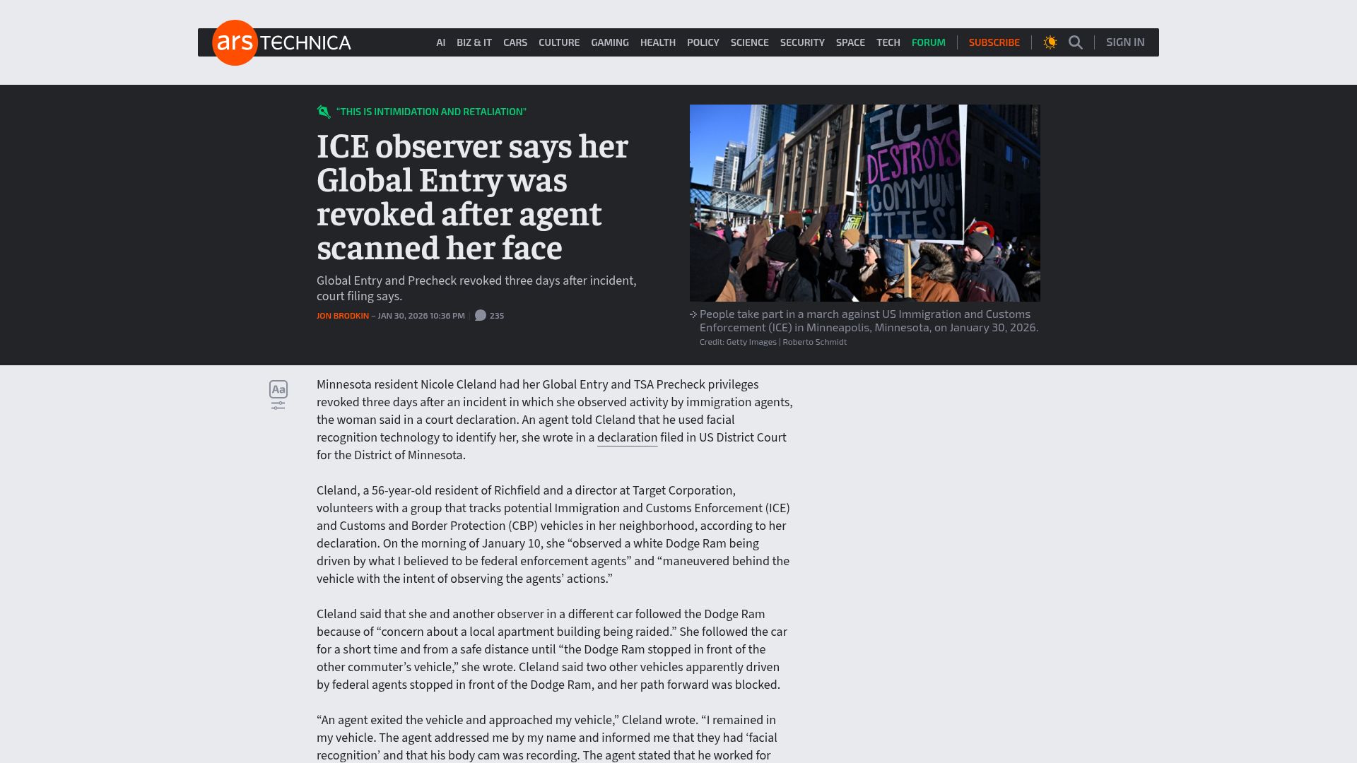 Screenshot of arstechnica.com: ICE protester says her Global Entry was revoked after agent scanned her face