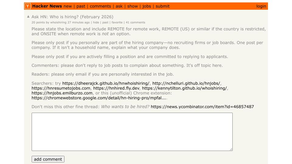 Screenshot of Hacker News post: Ask HN: Who is hiring? (February 2026)