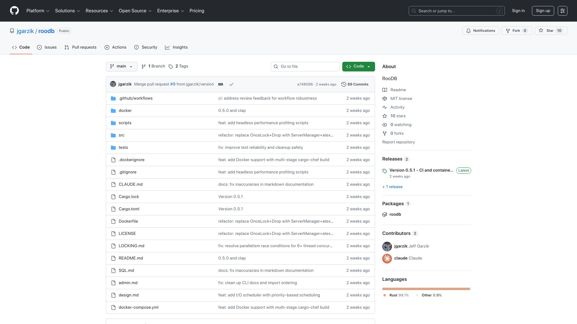 Screenshot of github.com: High performance, open source RAFT clustered database: RooDB