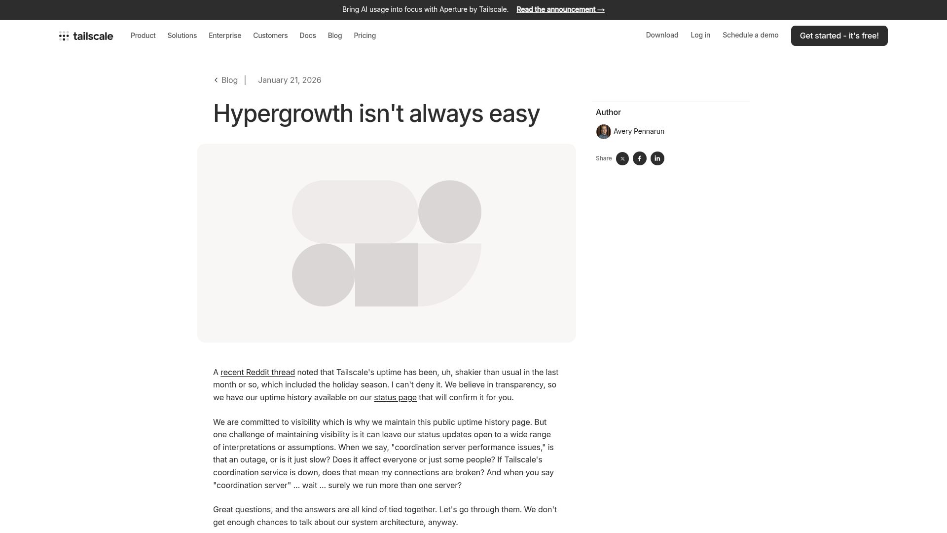 Screenshot of tailscale.com: Hypergrowth isn’t always easy
