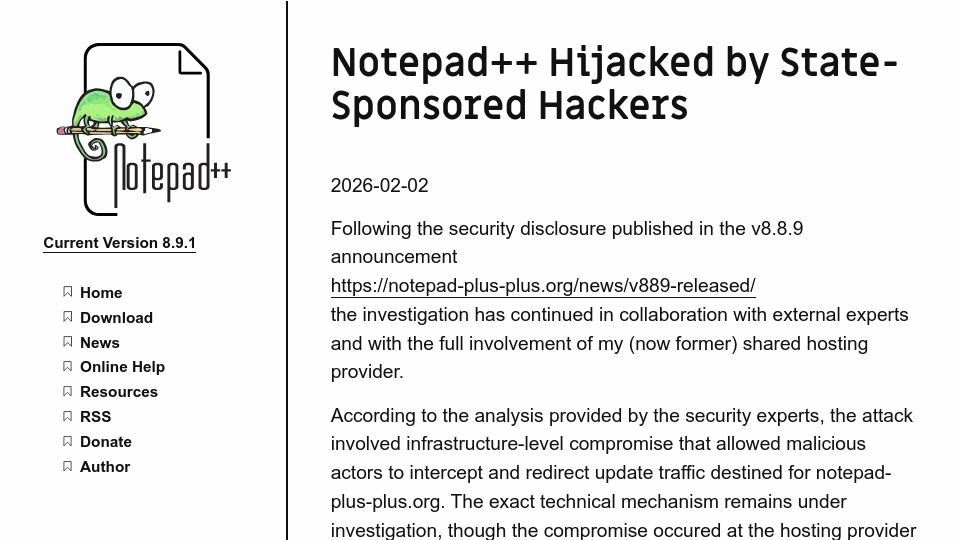 Screenshot of notepad-plus-plus.org: Notepad++ hijacked by state-sponsored actors
