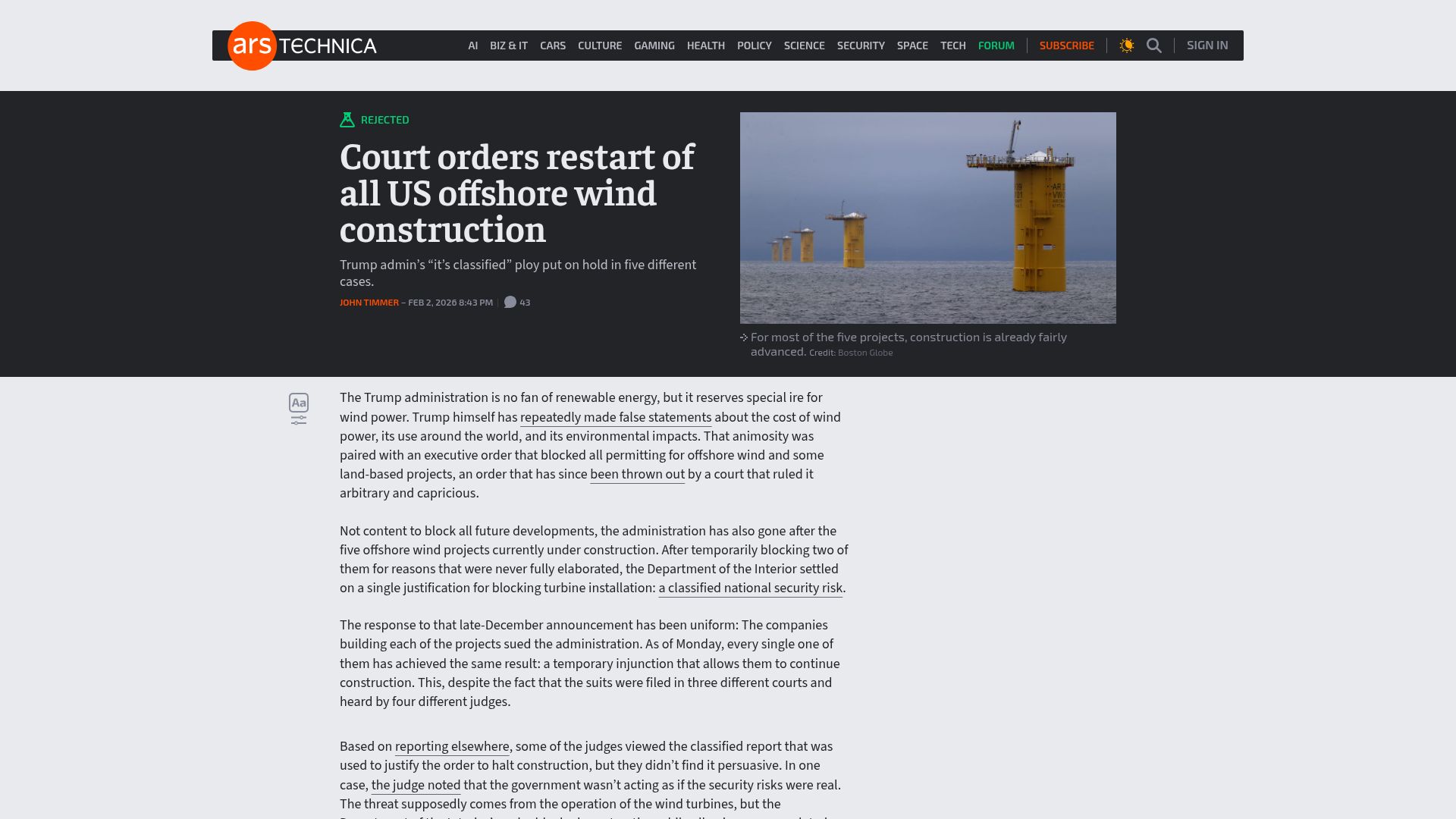 Screenshot of arstechnica.com: Court orders restart of all US offshore wind power construction