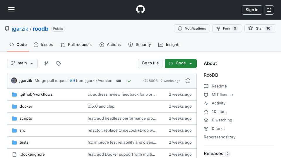 Screenshot of github.com: High performance, open source RAFT clustered database: RooDB