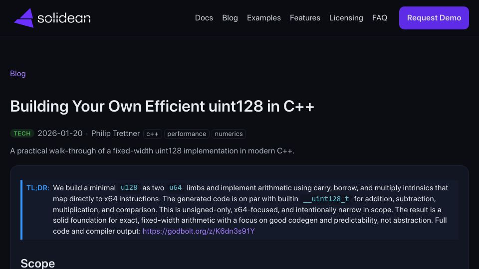 Screenshot of solidean.com: Building Your Own Efficient uint128 in C++