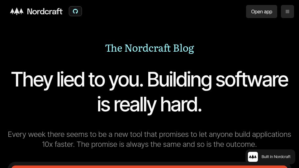 Screenshot of blog.nordcraft.com: They lied to you. Building software is hard