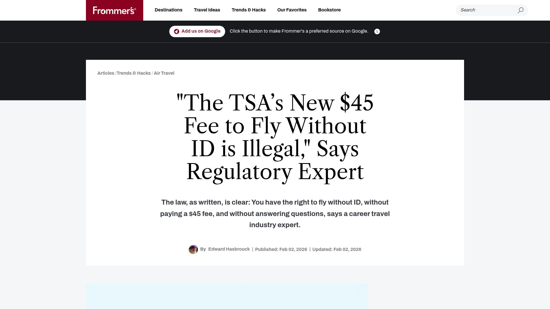 Screenshot of frommers.com: The TSA's New $45 Fee to Fly Without ID Is Illegal