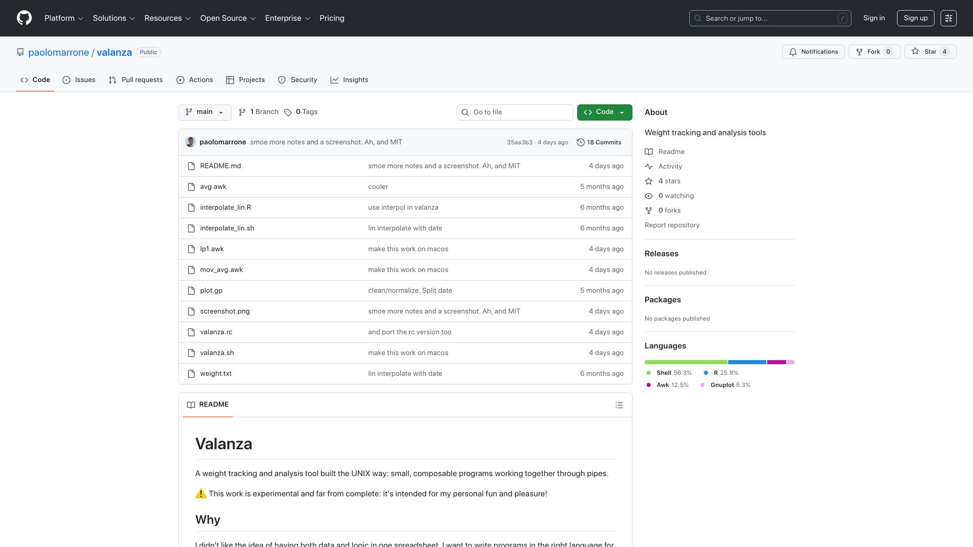 Screenshot of github.com: Valanza – my Unix way for weight tracking and anlysis