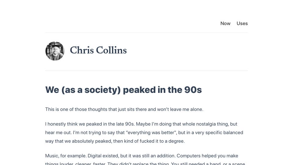 Screenshot of chris.pagecord.com: We (As a Society) Peaked in the 90s