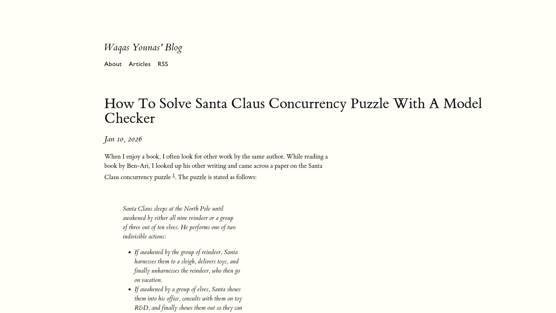Screenshot of wyounas.github.io: Solvingn the Santa Claus concurrency puzzle with a model checker