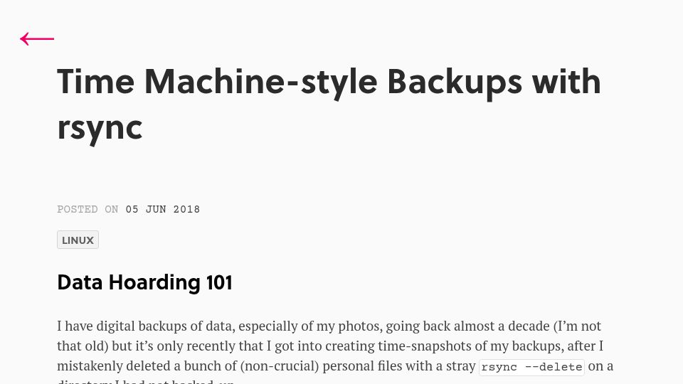 Screenshot of samuelhewitt.com: Time Machine-style Backups with rsync (2018)
