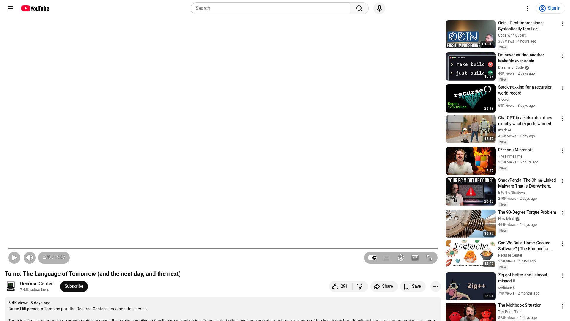 Screenshot of youtube.com: Tomo: A statically typed, imperative language that cross-compiles to C [video]