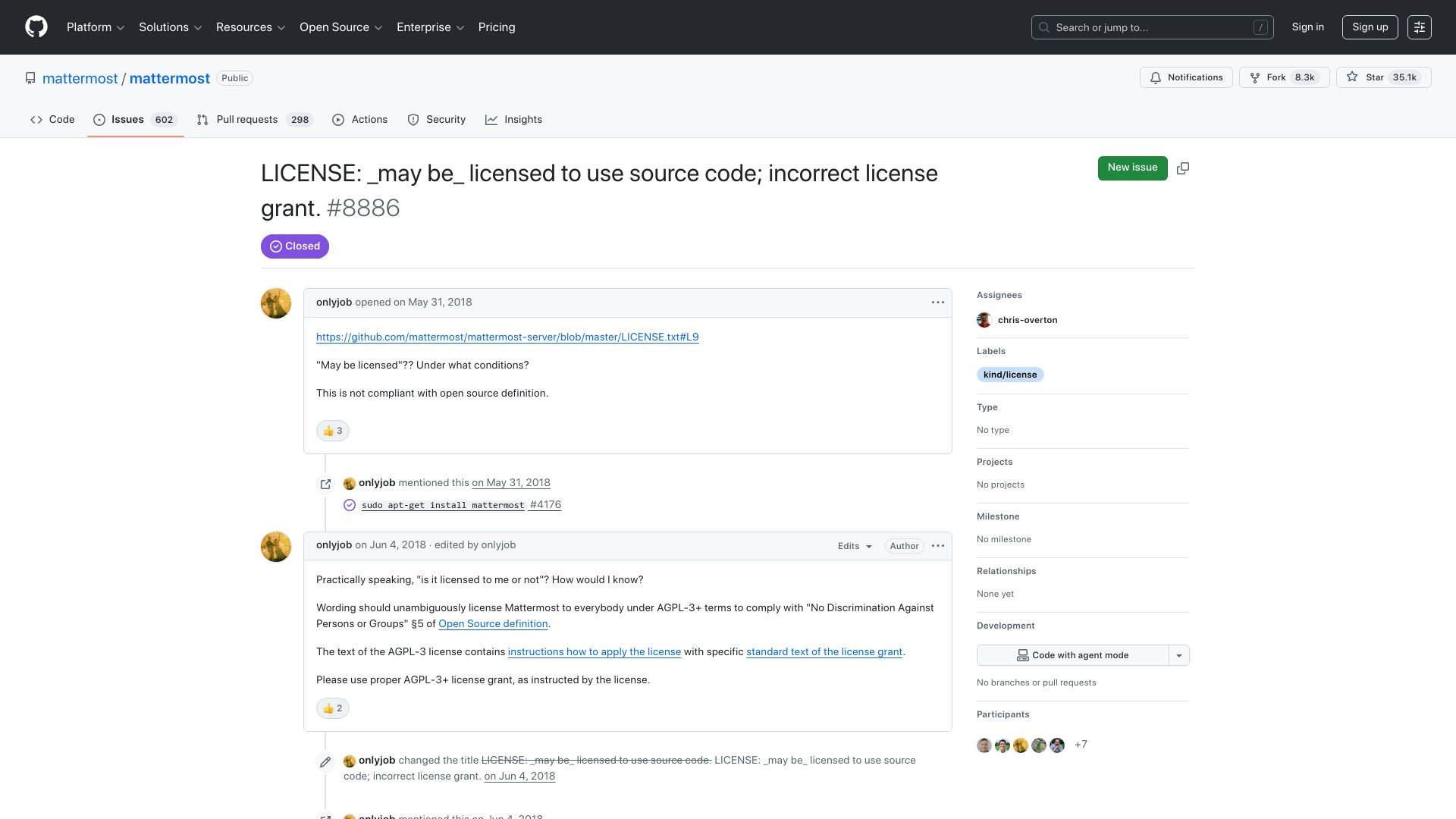 Screenshot of github.com: Mattermost say they will not clarify what license the project is under