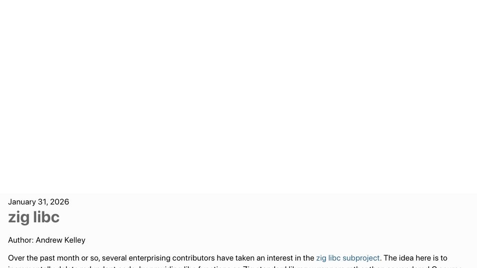 Screenshot of ziglang.org: Zig Libc