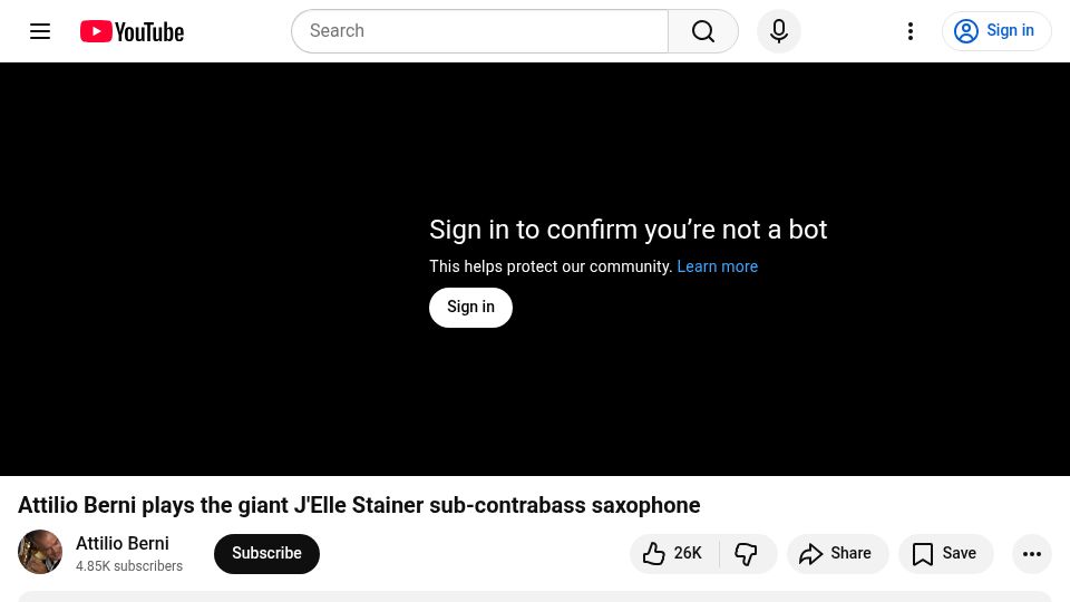 Screenshot of youtube.com: Attilio Berni plays the sub-contrabass saxophone [video]