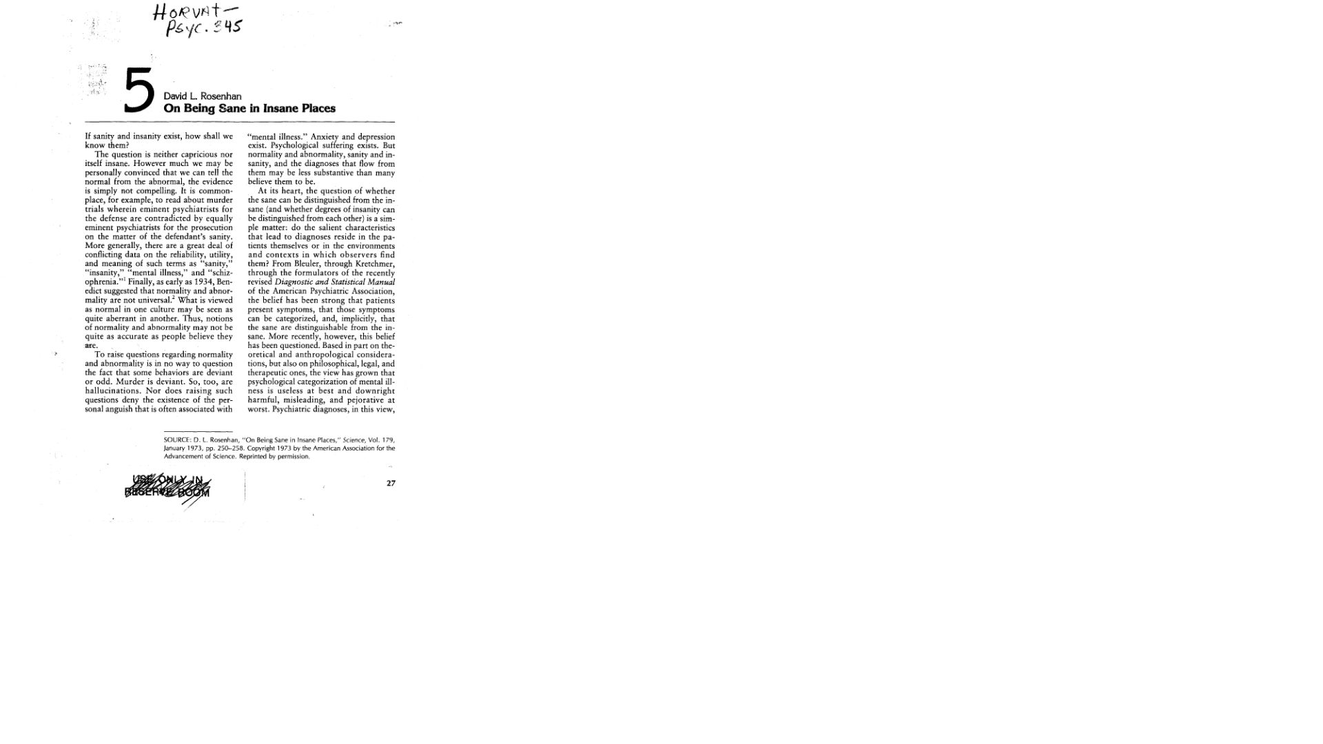 Screenshot of weber.edu: On being sane in insane places (1973) [pdf]