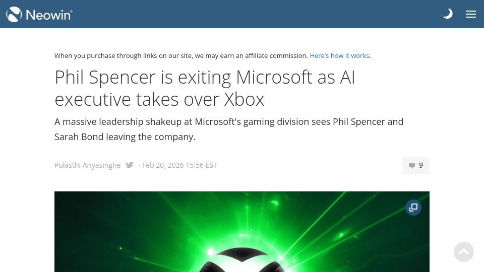 Screenshot of neowin.net: Phil Spencer is exiting Microsoft as AI executive takes over Xbox