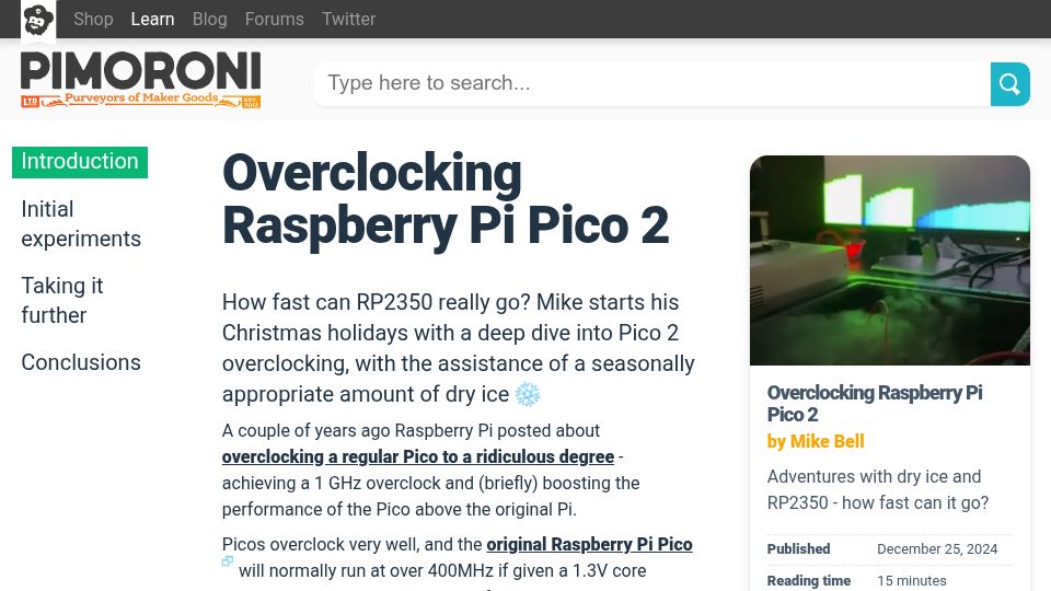 Screenshot of learn.pimoroni.com: Raspberry Pi Pico 2 at 873.5MHz with 3.05V Core Abuse