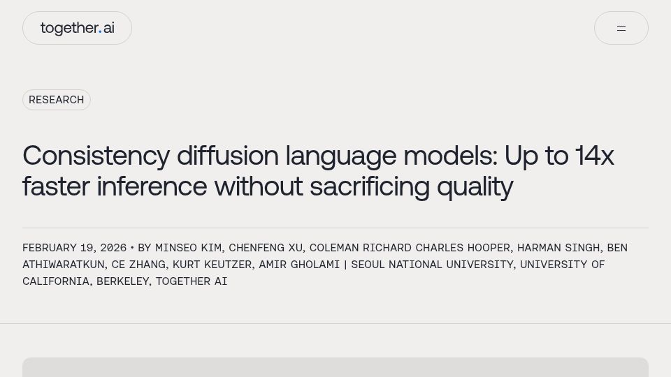 Screenshot of together.ai: Consistency diffusion language models: Up to 14x faster, no quality loss