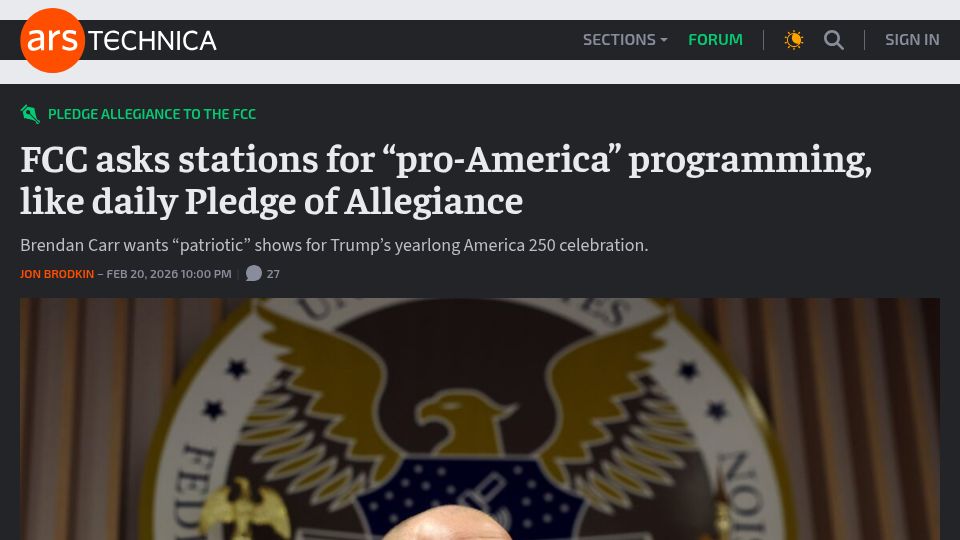 Screenshot of arstechnica.com: FCC asks stations for "pro-America" programming, like daily Pledge of Allegiance