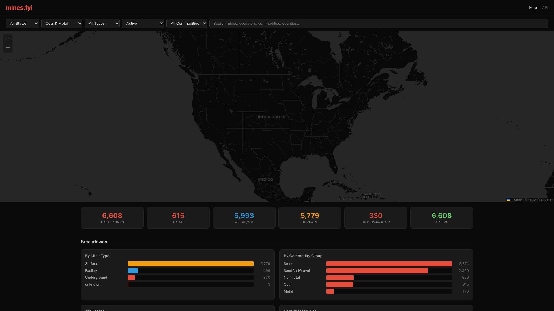 Screenshot of mines.fyi: Show HN: Mines.fyi – all the mines in the US in a leaflet visualization