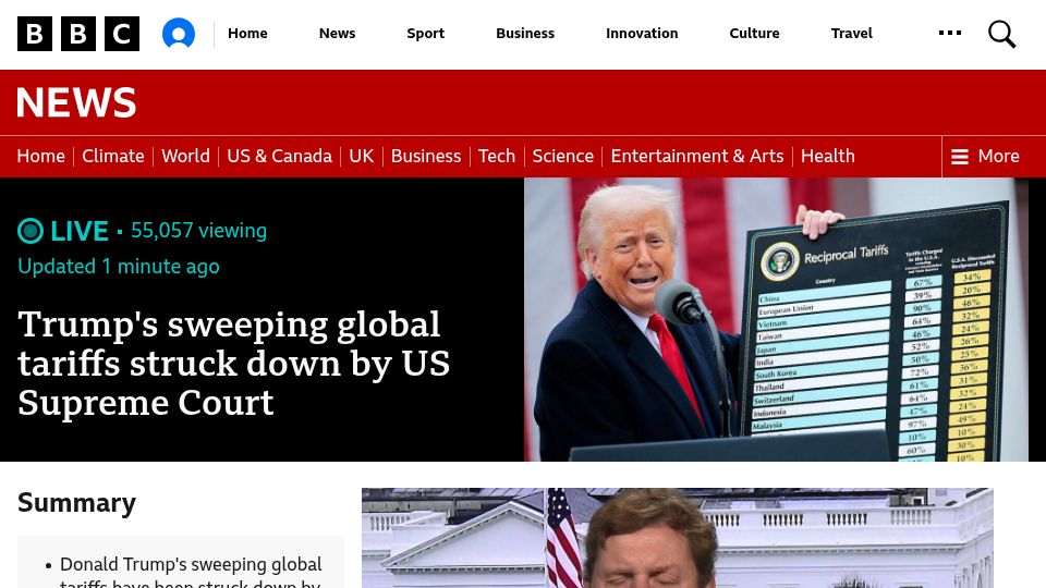 Screenshot of bbc.com: Trump's global tariffs struck down by US Supreme Court