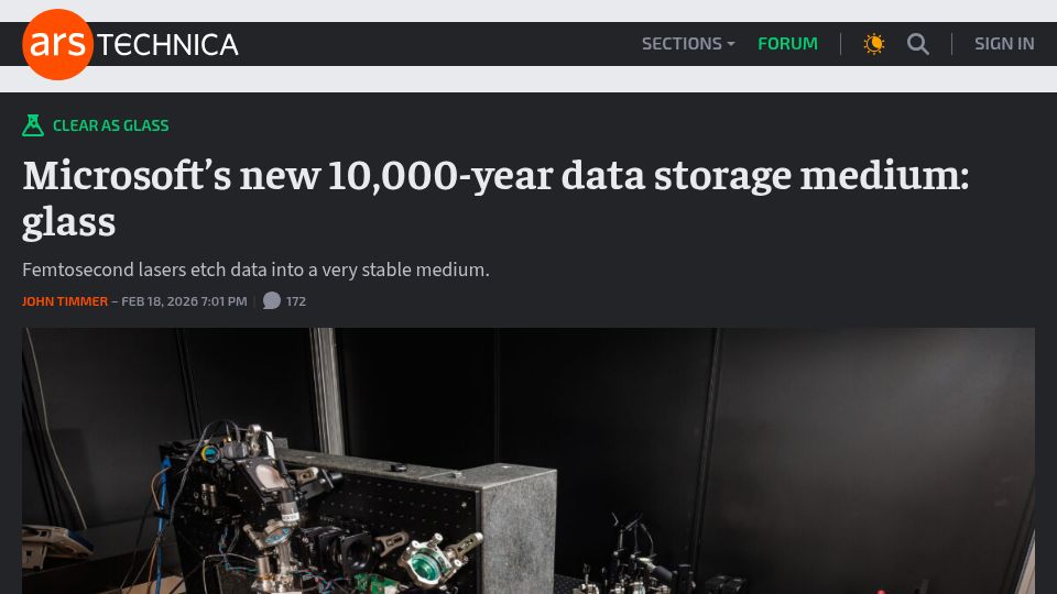 Screenshot of arstechnica.com: Microsoft's new 10k-year data storage medium: glass