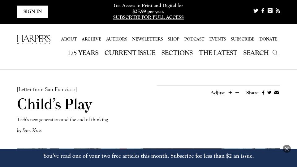 Screenshot of harpers.org: Child's Play: Tech's new generation and the end of thinking