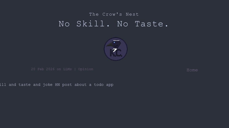 Screenshot of blog.kinglycrow.com: No Skill. No Taste