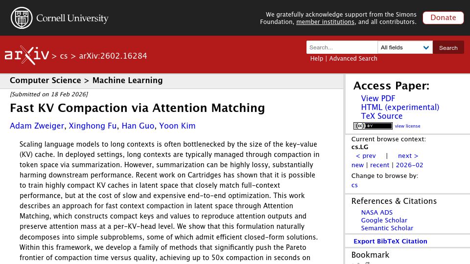 Screenshot of arxiv.org: Fast KV Compaction via Attention Matching