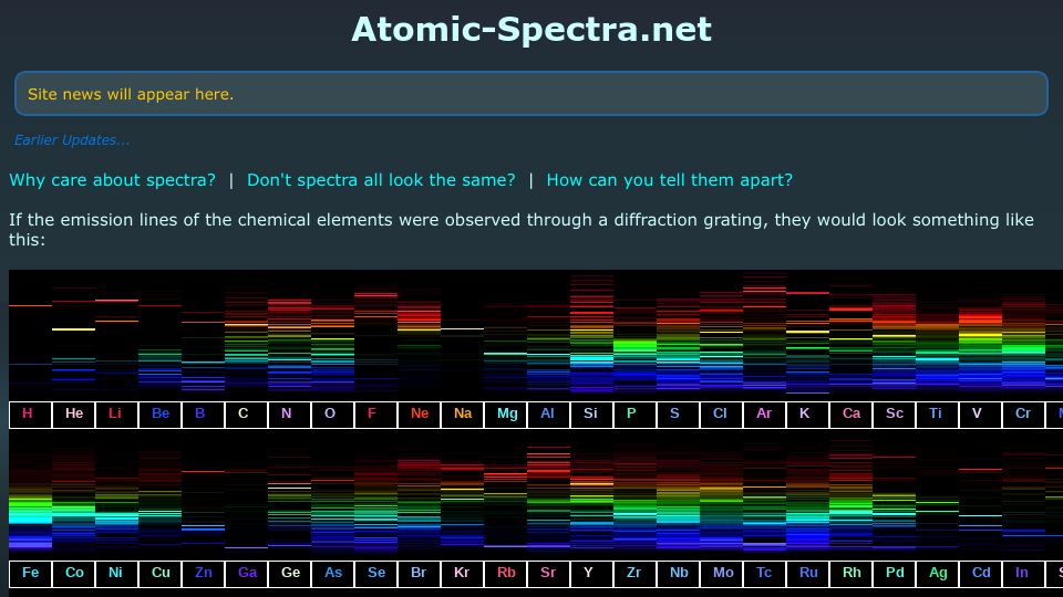 Screenshot of atomic-spectra.net: Visible Spectra of the Elements