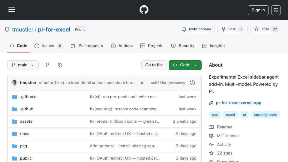 Screenshot of github.com: Pi for Excel: AI sidebar add-in for Excel