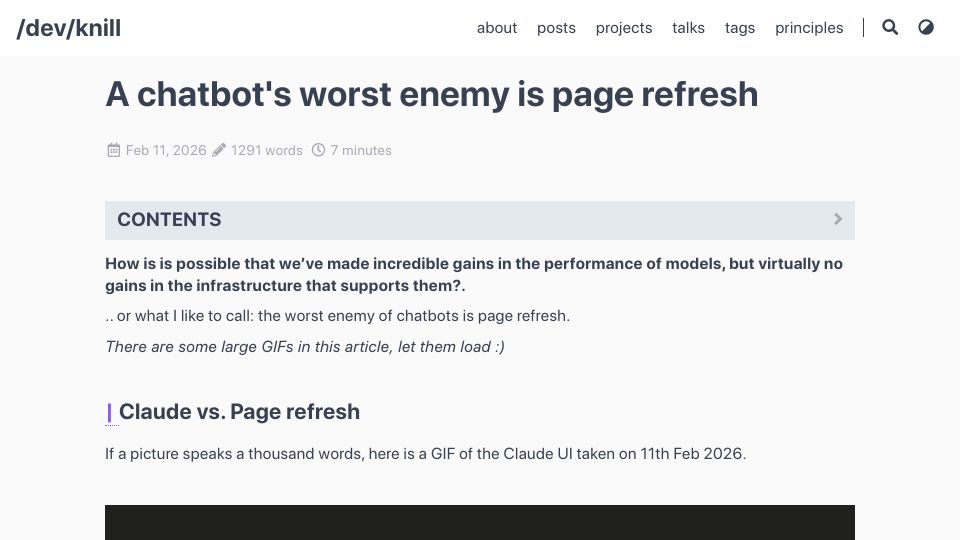 Screenshot of zknill.io: A chatbot's worst enemy is page refresh