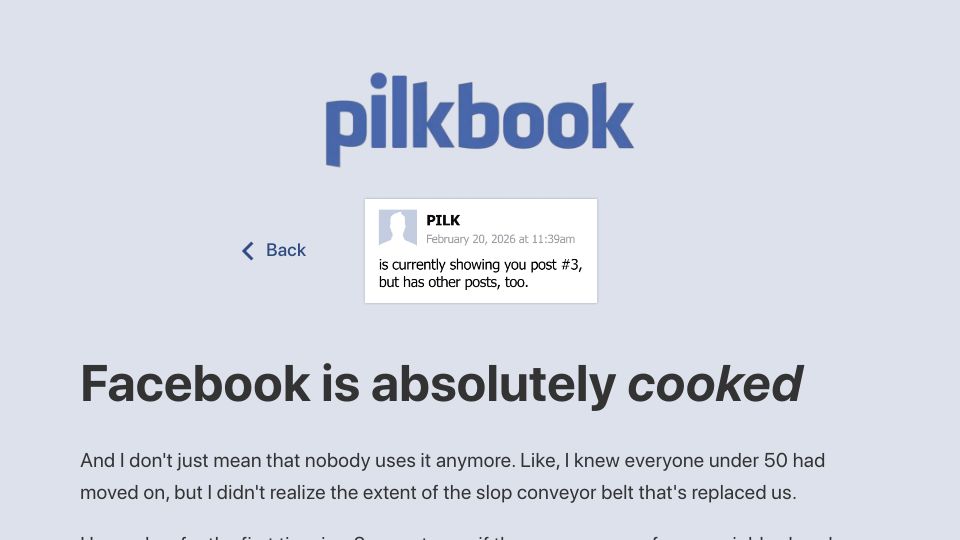Screenshot of pilk.website: Facebook is cooked