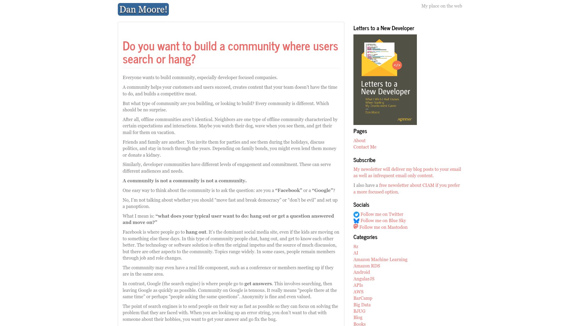 Screenshot of mooreds.com: Do you want to build a community where users search or hang? (2021)