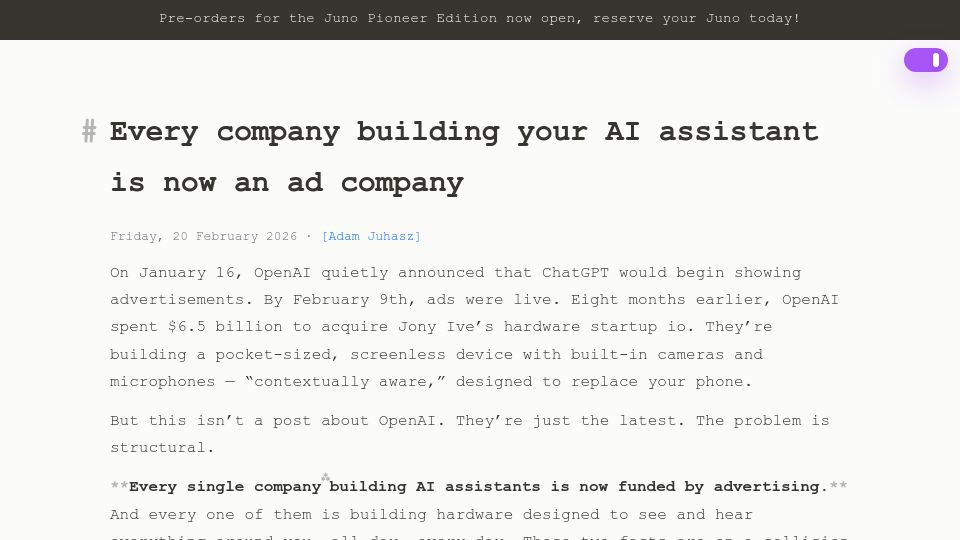 Screenshot of juno-labs.com: Every company building your AI assistant is now an ad company