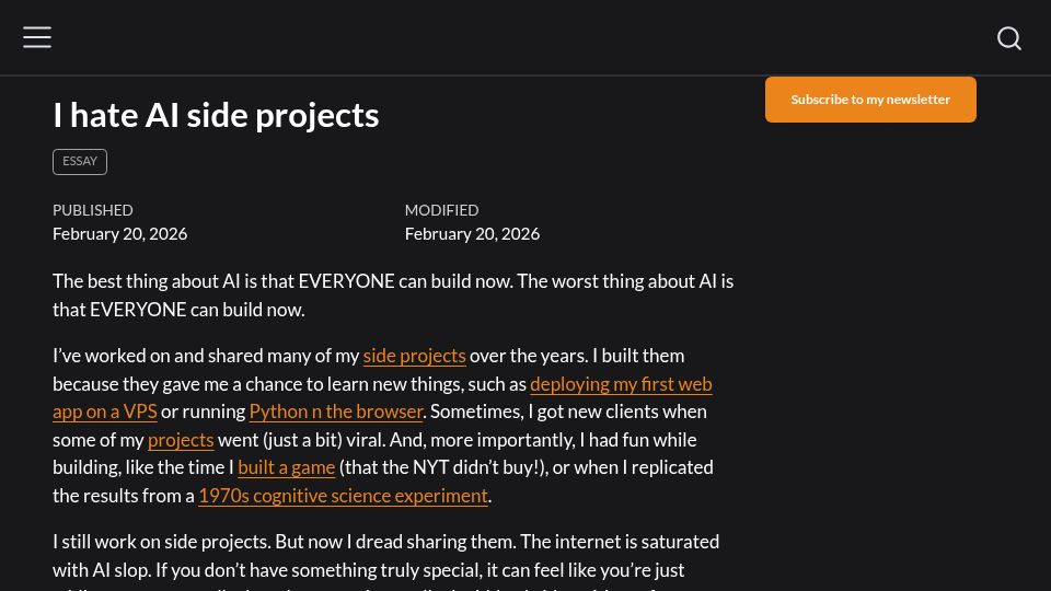 Screenshot of dylancastillo.co: I hate AI side projects