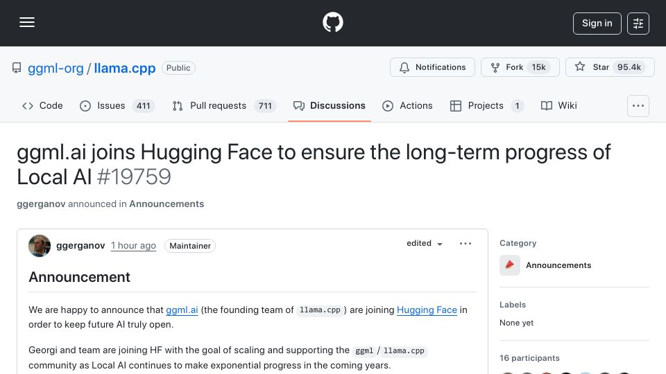 Screenshot of github.com: Ggml.ai joins Hugging Face to ensure the long-term progress of Local AI