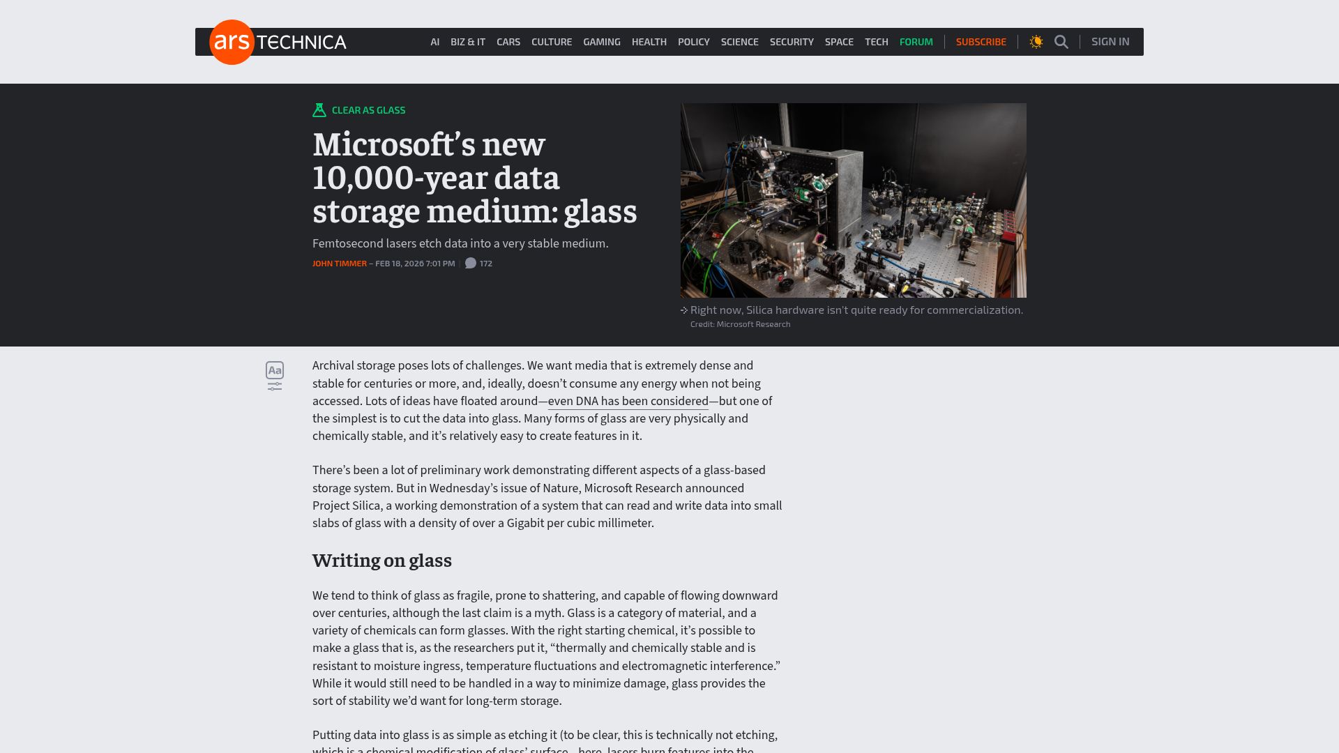 Screenshot of arstechnica.com: Microsoft's new 10k-year data storage medium: glass