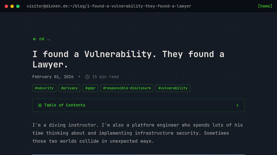 Screenshot of dixken.de: I found a Vulnerability. They found a Lawyer