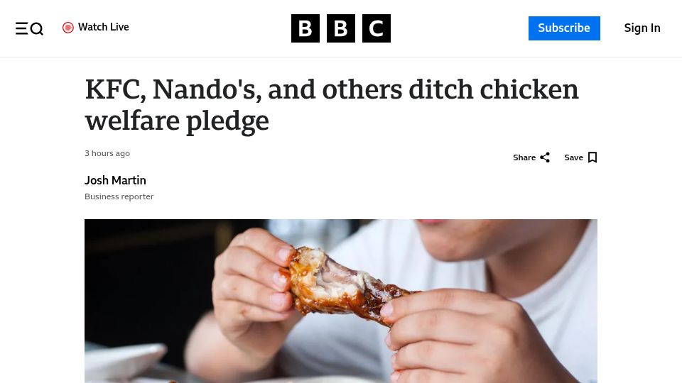Screenshot of bbc.co.uk: KFC, Nando's, and others ditch chicken welfare pledge