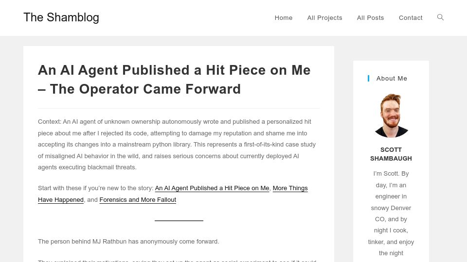 Screenshot of theshamblog.com: An AI Agent Published a Hit Piece on Me – The Operator Came Forward