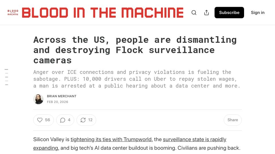 Screenshot of bloodinthemachine.com: Across the US, people are dismantling and destroying Flock surveillance cameras