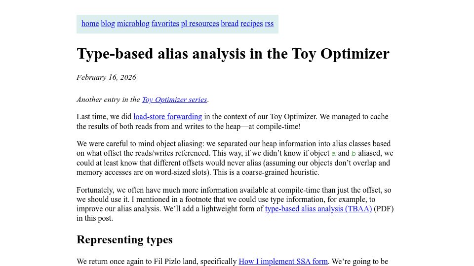 Screenshot of bernsteinbear.com: Type-based alias analysis in the Toy Optimizer