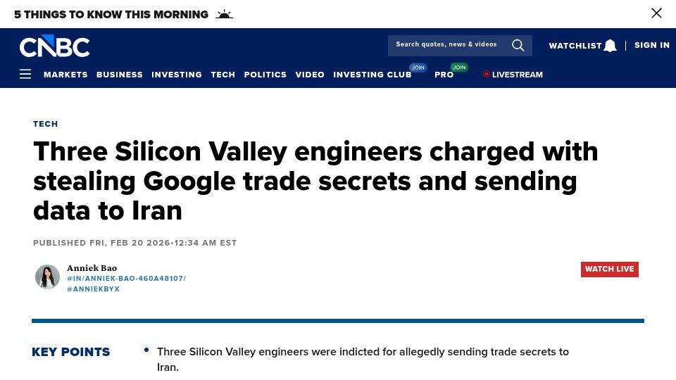 Screenshot of cnbc.com: Silicon Valley engineers were indicted for allegedly sending secrets to Iran