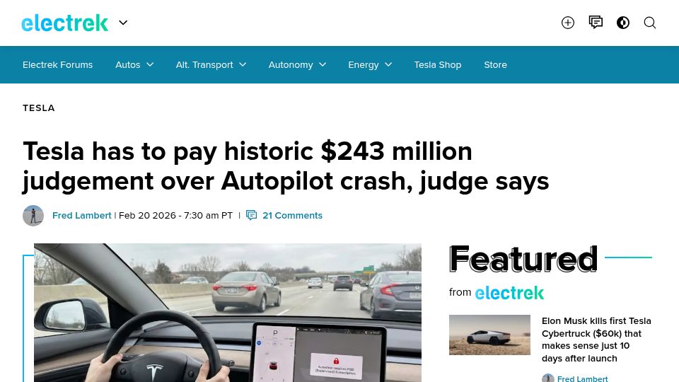 Screenshot of electrek.co: Tesla has to pay historic $243M judgement over Autopilot crash, judge says