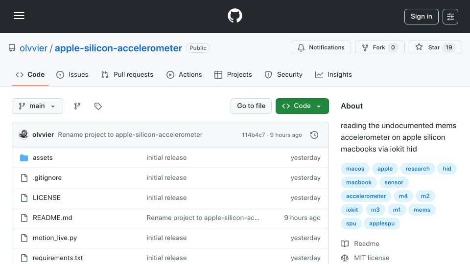 Screenshot of github.com: Reading the undocumented MEMS accelerometer on Apple Silicon MacBooks via iokit