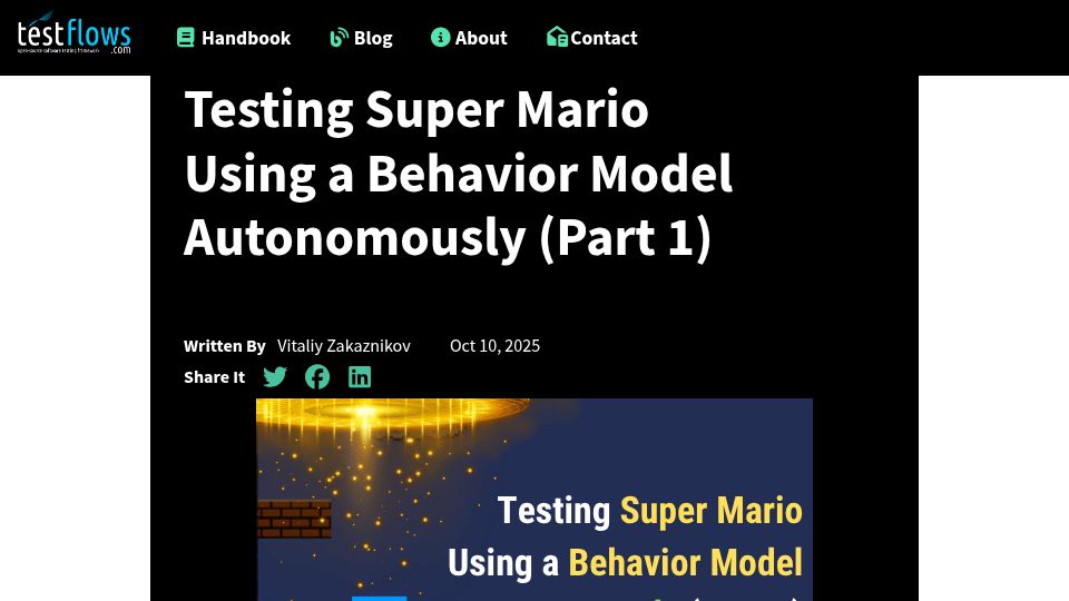 Screenshot of testflows.com: Testing Super Mario Using a Behavior Model Autonomously