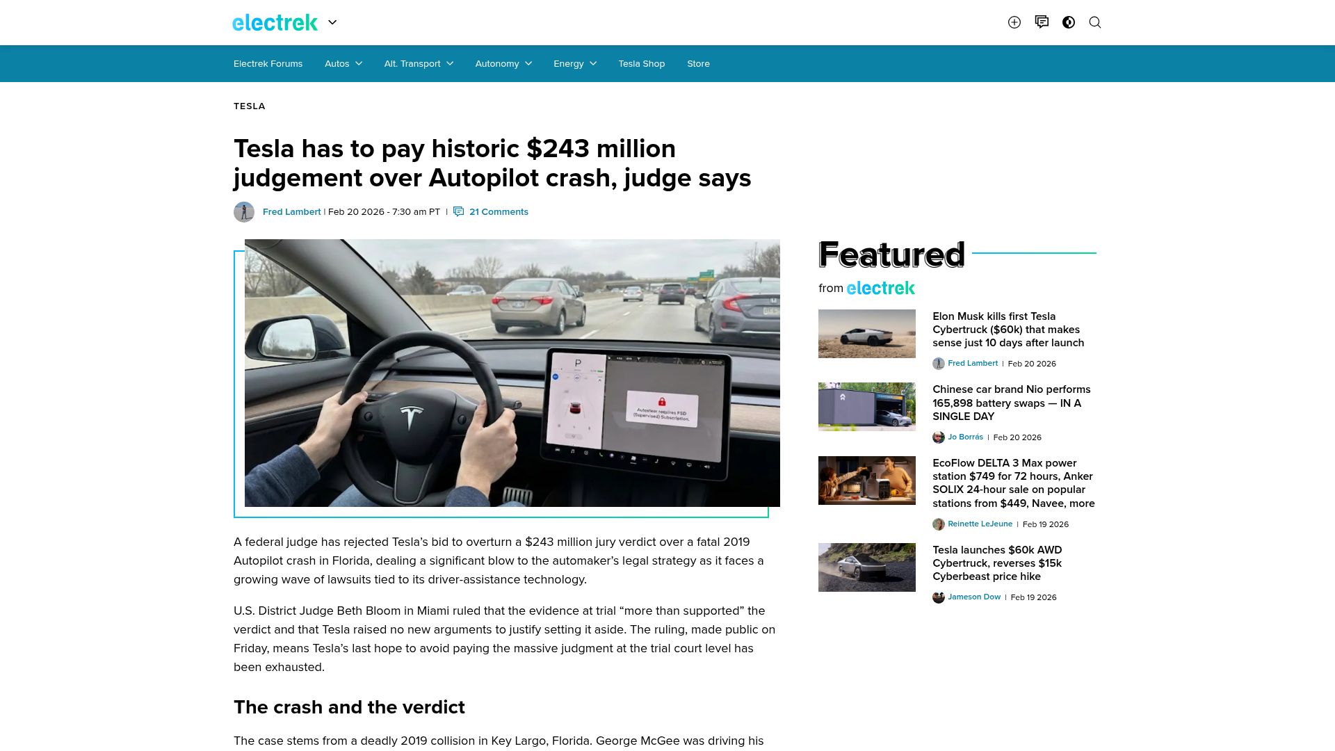 Screenshot of electrek.co: Tesla has to pay historic $243M judgement over Autopilot crash, judge says